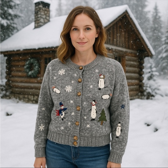 Woolrich Women’s Gray Merino Wool Cardigan Sweater S Snowman Embroidered Winter - Picture 1 of 12